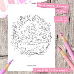 May include: A black and white coloring page featuring a witch sitting on a large book with the word "Magic" written on it. The witch is wearing a pointed hat and holding a book. There are other magical objects surrounding her, including pumpkins, a potion bottle, and a feather.