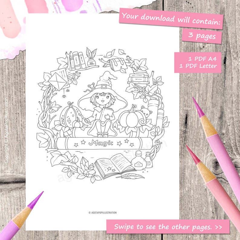 May include: A black and white coloring page featuring a witch sitting on a large book with the word "Magic" written on it. The witch is wearing a pointed hat and holding a book. There are other magical objects surrounding her, including pumpkins, a potion bottle, and a feather.