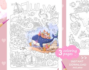Set di pagine da colorare con piccole illustrazioni di luglio: città sottomarina, festa dei pesci. PDF stampabile.