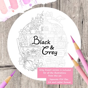 May include: Black and white line art illustration of a witch's shelf with potions, books, plants, a cat, and a broom. The text "Black & Grey" is written in the center of the image.  Grey lineart version is included for all the illustrations from this set. Separate PDF files. A4 and Letter format.