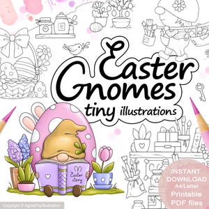 Può includere: Illustrazioni in bianco e nero di gnomi pasquali. Le illustrazioni includono un gnomo che legge un libro, un gnomo con un cesto di uova e un gnomo con un pennello. Il testo "Easter Gnomes tiny illustrations" è scritto in un grande font nella parte superiore dell'immagine.
