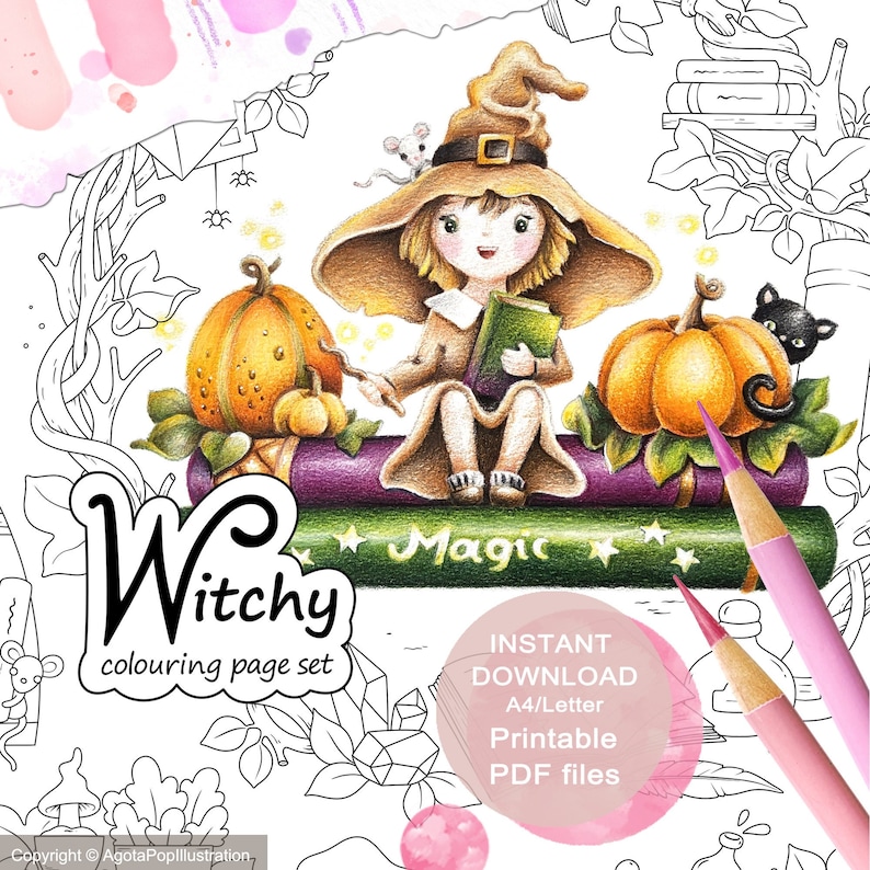 May include: A printable coloring page set featuring a witch with a book and a pumpkin. The text "Witchy coloring page set" and "Magic" are included in the image. The image also includes a black cat, a mouse, and a stack of books.