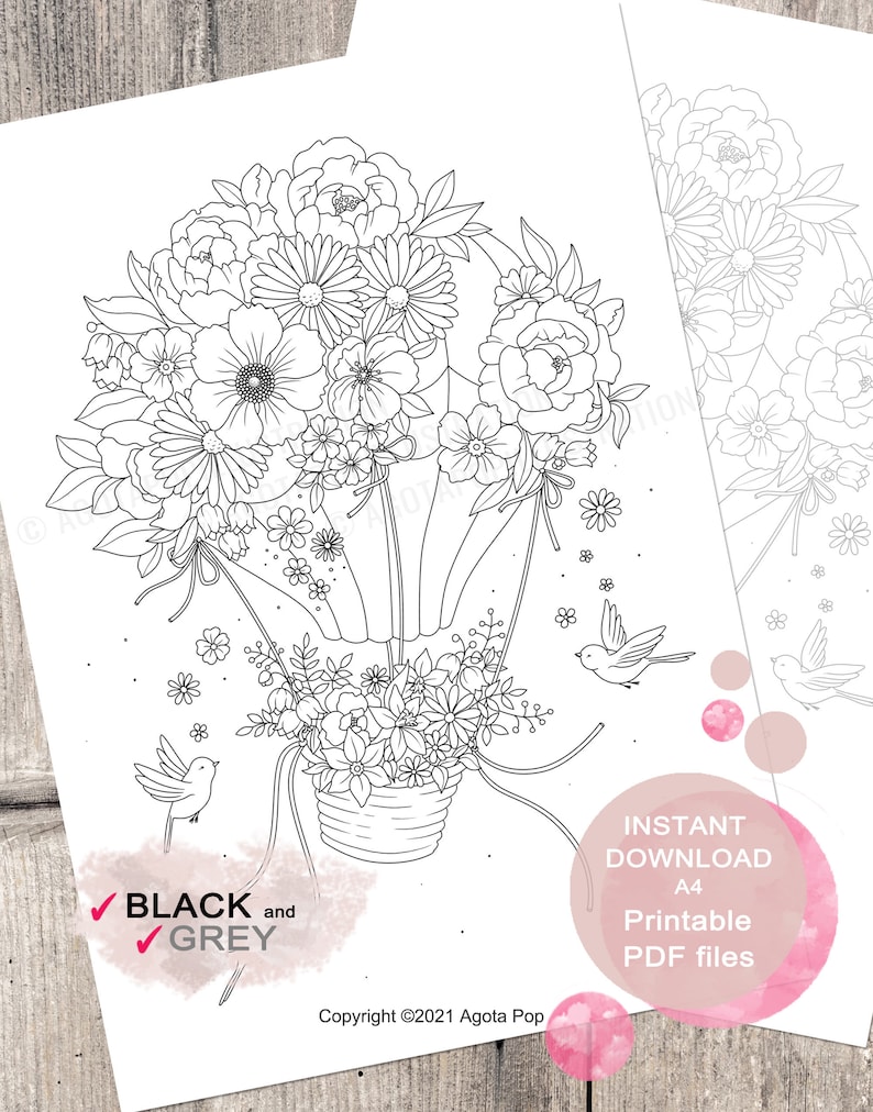 Floral Air Balloon Colouring Page for Adults. Printable PDF. Instant download. image 1