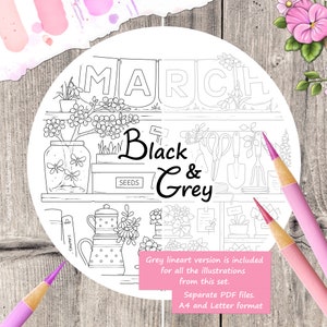 Tinies on Shelves MARCH Colouring Page Set for Adults. 5 pages. Printable PDF. Instant download. image 7