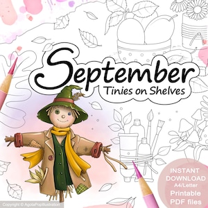 Tinies on Shelves SEPTEMBER Colouring Page Set for Adults. 6 pages. Printable PDF. Instant download.