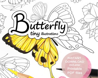 Butterfly Coloring Pages for Adults. 18 Tiny Illustrations by Agota Pop. Printable PDF. Instant Download.