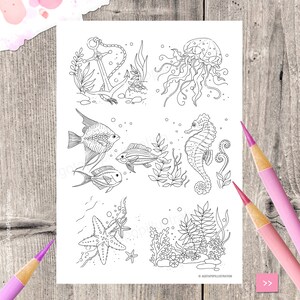 May include: A black and white colouring page featuring a variety of sea creatures, including an anchor, a jellyfish, a seahorse, two fish, a starfish, and coral. The page is perfect for adults and children who enjoy colouring.