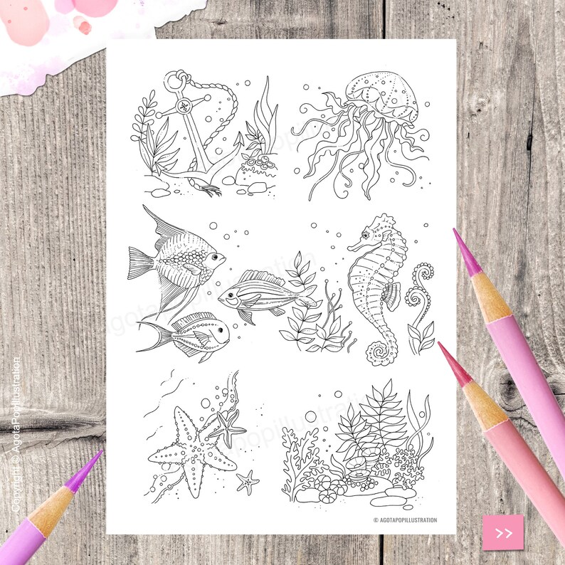 May include: A black and white colouring page featuring a variety of sea creatures, including an anchor, a jellyfish, a seahorse, two fish, a starfish, and coral. The page is perfect for adults and children who enjoy colouring.
