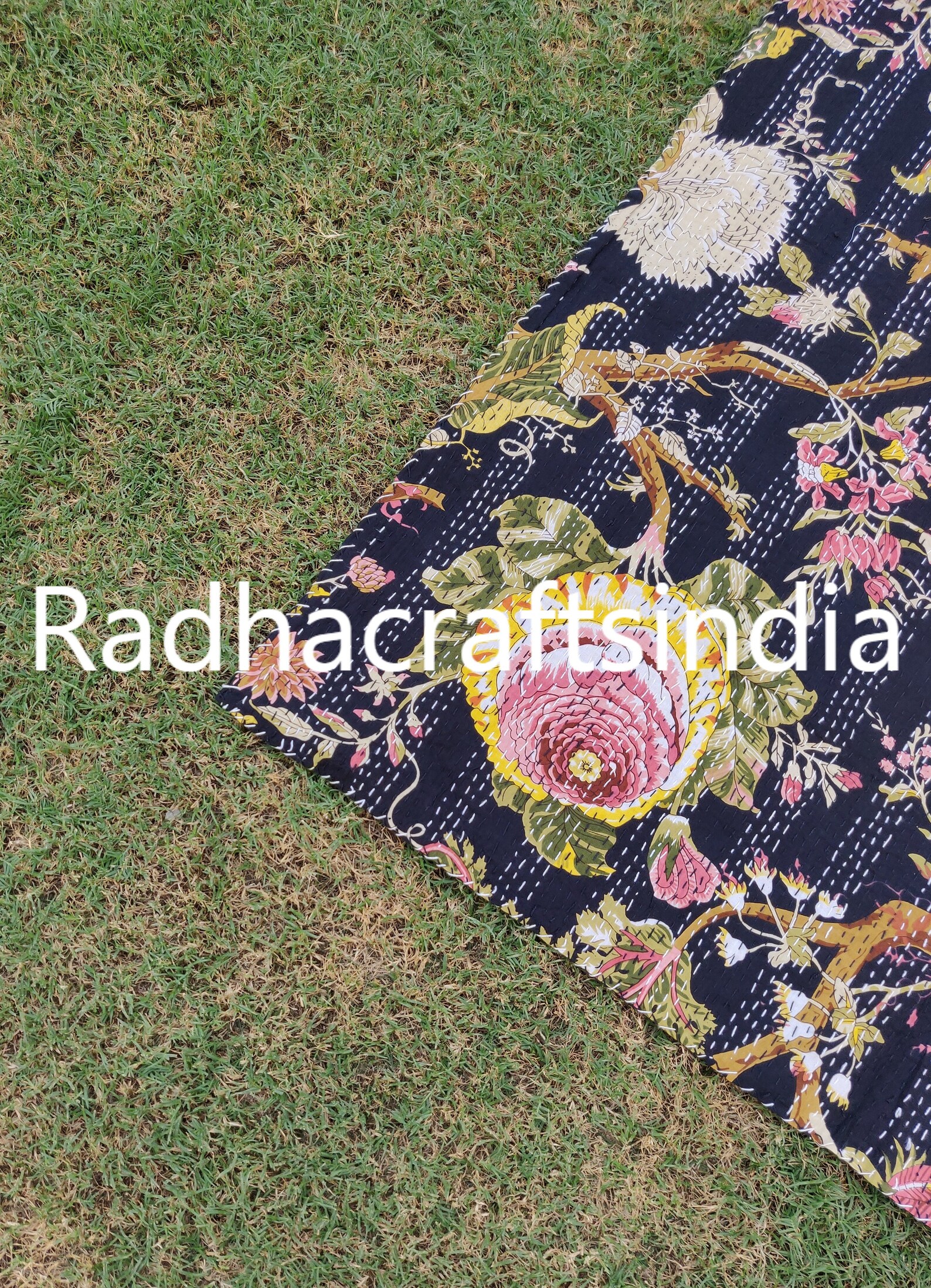 Handmade Throw Blanket Black Color Quilt Floral Print Vintage Etsy