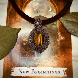 Vintage Style Micropave Halo Tigers Eye Pendant on a Velvet Cord Choker Necklace (Gothic Biker Vampire Witch Halloween)