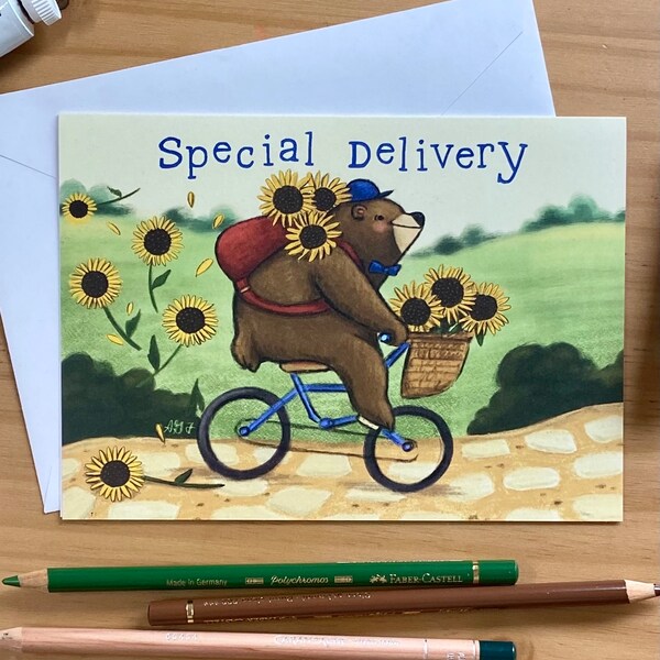 Special Delivery Bear Greeting Card Illustrated Bear Birthday Card 5x7 Greeting Card