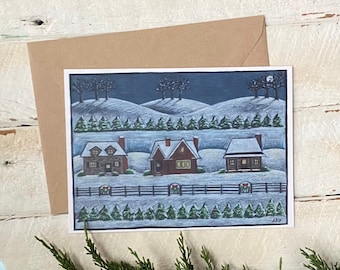 Winter Folk Art Illustrated Christmas Card 5x7