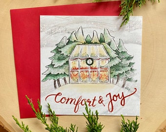 Hugging Christmas Trees Christmas Greenhouse Comfort and Joy Poinsettia Illustrated Christmas Card 5x5