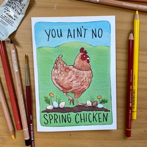 Spring Chicken Illustrated Birthday Card 5x7 Greeting Card