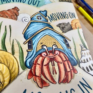 Moving On Up Illustrated Hermit Crab Housewarming New Home Moving Greeting Card 5x7