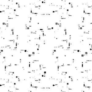 May include: Abstract pattern with a white background and small black and grey squares and rectangles.