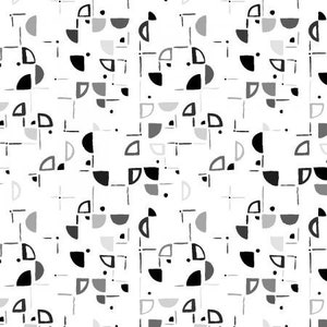 May include: A seamless pattern featuring black, grey, and white geometric shapes. The pattern includes circles, semi-circles, squares, and rectangles. The shapes are arranged in a repeating pattern.