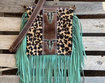 Western cheetah turquoise longhorn fringe crossbody handbag purse