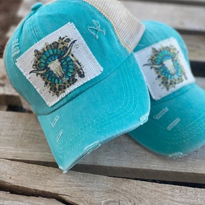 Longhorn squash blossom cheetah teal trucker baseball woman’s hat