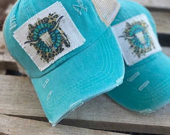 Longhorn squash blossom cheetah teal trucker baseball woman’s hat