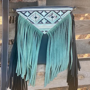 Handmade leather Aztec embossed cowgirl western fringe crossbody purse. RTS.
