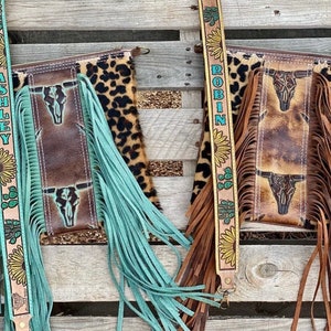 Western leopard cheetah longhorn fringe crossbody handbag purse with custom purse strap