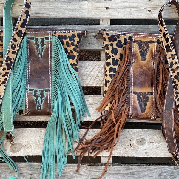 Western leopard cheetah longhorn fringe crossbody handbag purse