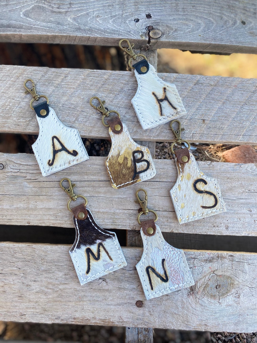 Cowhide Ear Tag Custom Initial Keychain Etsy