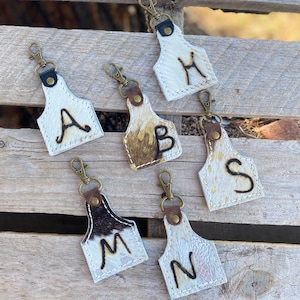 Cowhide Ear tag custom initial keychain