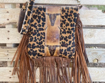 Western Leopard Cheetah Longhorn Fringe Crossbody Handbag 