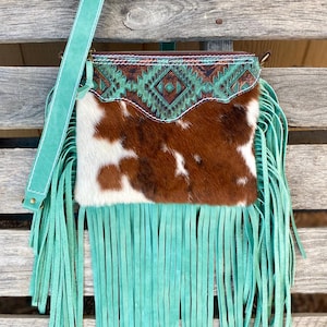 Tricolor hair on hide purse with turquoise fringe