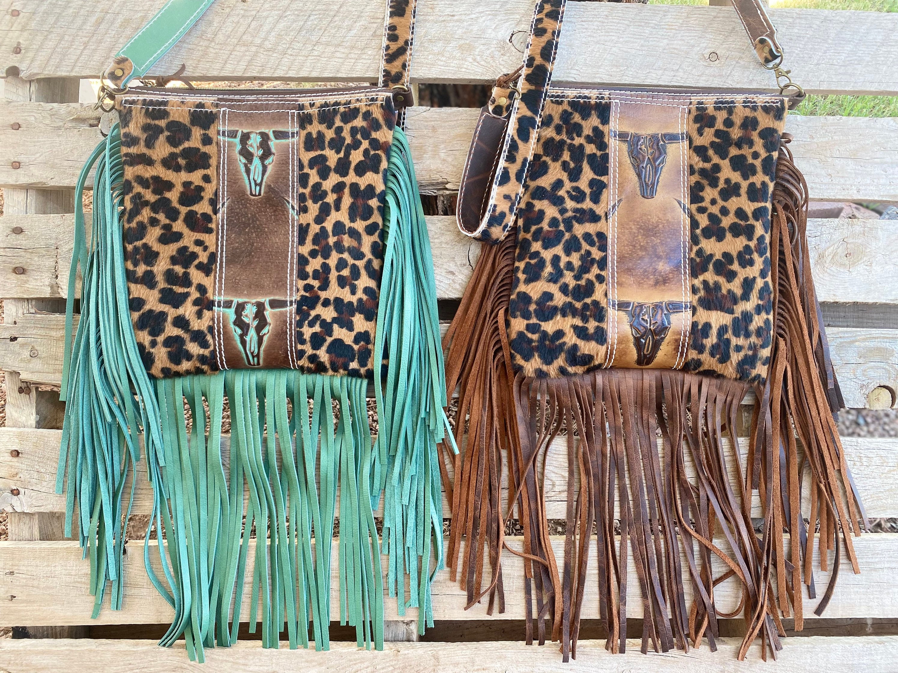 Western Leopard Cheetah Longhorn Fringe Crossbody Handbag 