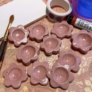 Pink Flowers | Ceramic Half Pan for Watercolor Paints | Handmade Pottery 2ml