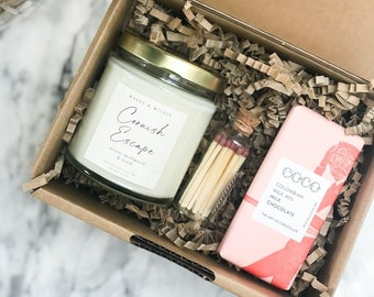 Cornish Soy Candle Gift Box with Artisan Chocolate. Mothers Day Gift