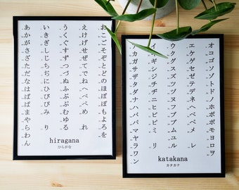 Op de afbeelding: Twee ingelijste zwart-wit posters met Japanse hiragana en katakana tabellen. De tabellen zijn gedrukt op wit papier met zwarte tekst. De posters zijn ingelijst in zwarte lijsten en hangen aan een licht houten oppervlak.