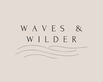 May include: A minimalist logo design featuring the words "WAVES & WILDER" in a serif font above a series of curved lines resembling ocean waves. The text and lines are black on a neutral beige background.
