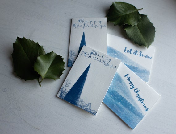 Handmade Christmas Card Pack, Festive Cyanotypes, 4 Small Blank Cards 