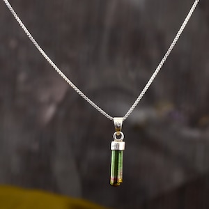 Natural Bio Tourmaline Pencil Silver Pendant, Necklace ,925 Sterling silver Pendant, Tourmaline Pendant, Long Tourmaline Stick Pendant