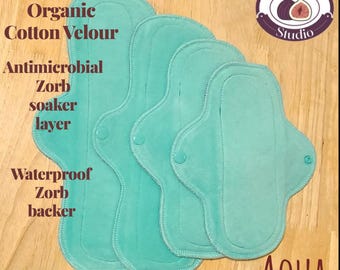 Organic Cotton Reusable Cloth Pad in Aqua (single pad) with anti-microbial Zorb soaker layer/Waterproof backing for Periods/Bladder Leaks.