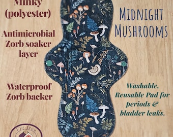 Wielorazowa wkładka z materiału Minky "Midnight Mushrooms" (pojedyncza wkładka) z antybakteryjną wyściółką Zorb/wodoodpornym spodem na czas miesiączki/lekkie nietrzymanie moczu.