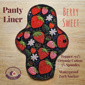 Organic Cotton Spandex Cloth Panty Liner, Reusable 6" & 9", Zorb Waterproof Backing. "Berry Sweet" print