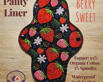 Wkładki higieniczne z organicznej bawełny i spandexu, wielokrotnego użytku, 6" i 9", z wodoodporną warstwą wewnętrzną Zorb. Nadruk "Berry Sweet"
