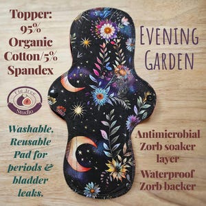 Organic Cotton/Spandex Reusable Pad: Evening Garden Print, Antimicrobial Zorb Liner, Waterproof Backer
