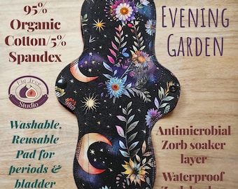 Wielorazowa wkładka z bawełny organicznej/spandexu: nadruk „Evening Garden”, antybakteryjna wkładka Zorb, wodoodporny spód