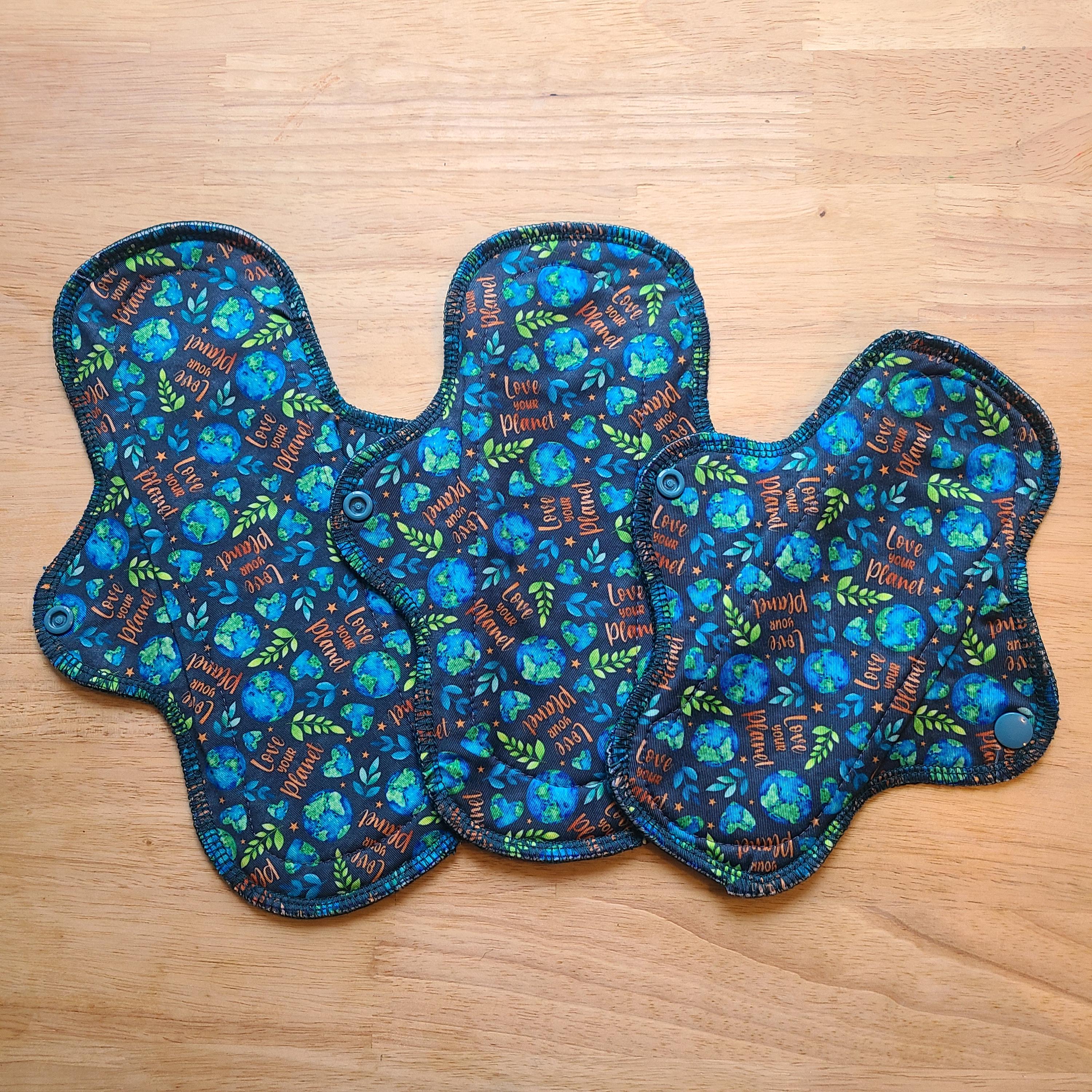 Stay Dry "Love you Planet" Reusable Cloth Pad (single pad) with anti-microbial Zorb liner/waterproof backing for Periods/Bladder Leaks