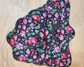 Minky &quot;Black Strawberries&quot; Reusable Cloth Pad (single pad) w/ anti-microbial Zorb liner/waterproof backing for Periods/Light Bladder Leaks.