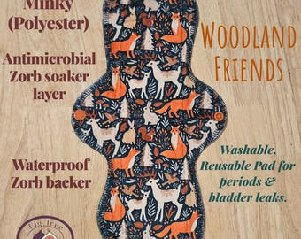Wielorazowa wkładka z materiału Minky "Woodland Friends" (pojedyncza wkładka) z antybakteryjną wyściółką Zorb/wodoodpornym spodem na czas miesiączki/lekkie nietrzymanie moczu.