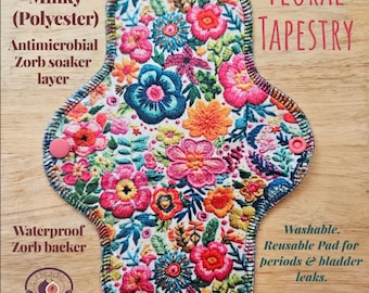 Wielorazowa wkładka z materiału Minky "Floral Tapestry" (pojedyncza wkładka) z antybakteryjną wyściółką Zorb/wodoodpornym spodem na czas miesiączki/lekkie nietrzymanie moczu.