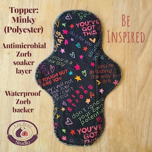Toalla de tela reutilizable Minky "Be Inspired" (toalla individual) con revestimiento Zorb antimicrobiano/respaldo impermeable para períodos/pérdidas leves de vejiga.