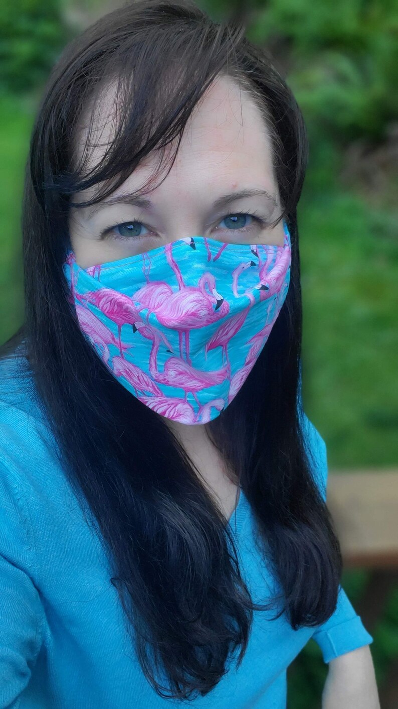 Jenny's Adult Small/Teen/Tween 3D Face Mask/Triple Layers with Non-Woven Polypropylene Liner/Behind Head Stretchy Straps w/ Bead Flamingos